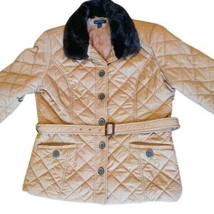 Tommy Hilfiger Y2K Quilted Jacket Tan Beige Faux Fur Collar Belted Women's Sz XL